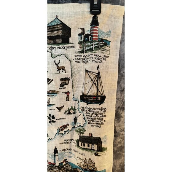 Vintage 1960s Linen Map Tea Towel Maine State Landmarks & History - Picture 5 of 7